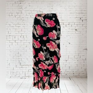 Vintage Indira Black Sheer floral Maxi skirt with ruffles size Large.